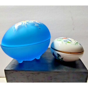 Easter Eggs 2 Glass Containers Limoges France White Bird Gold Trim Blue Flowers